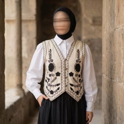 Hanımeli Nakışlı Bej Yelek - Etek - Gömlek Kombin