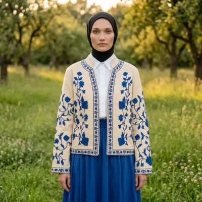 Mavi Nakışlı Kot Ceket -Etek Kombin